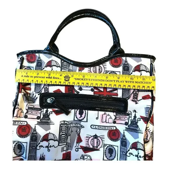 Lulu Guinness City London Tote Red Black Patent Trim Hand Bag Purse Betsy Coutur - Picture 8 of 9
